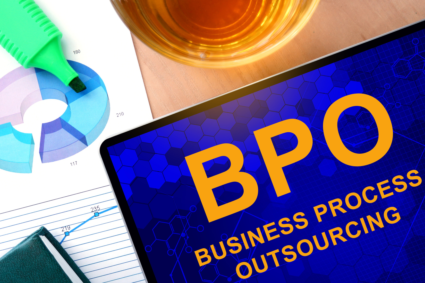 Words Business Process Outsourcing BPO on the tablet